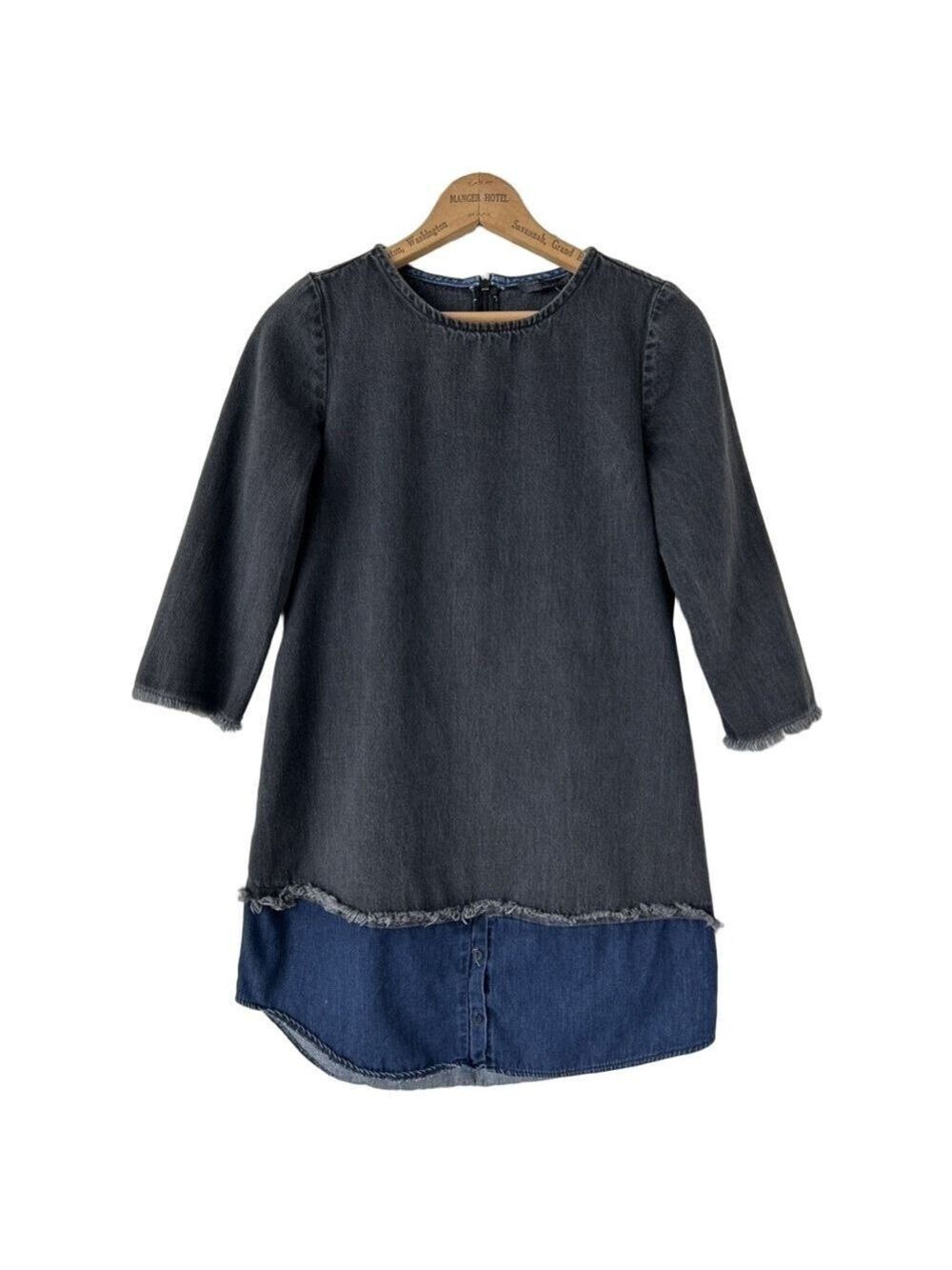 Zara Denim Dress S Black/Blue 3/4 Sleeves Round Neck Raw Hem Cotton Jean Shift